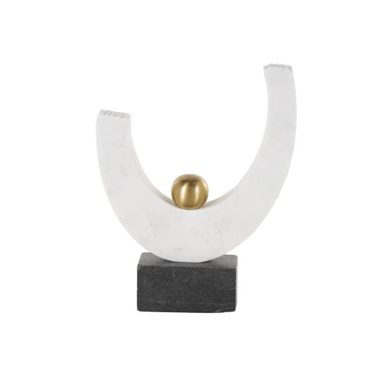 10.25" White Abstract Curved Semicircle Marble & Metal Sculpture with Gold Orb Accent